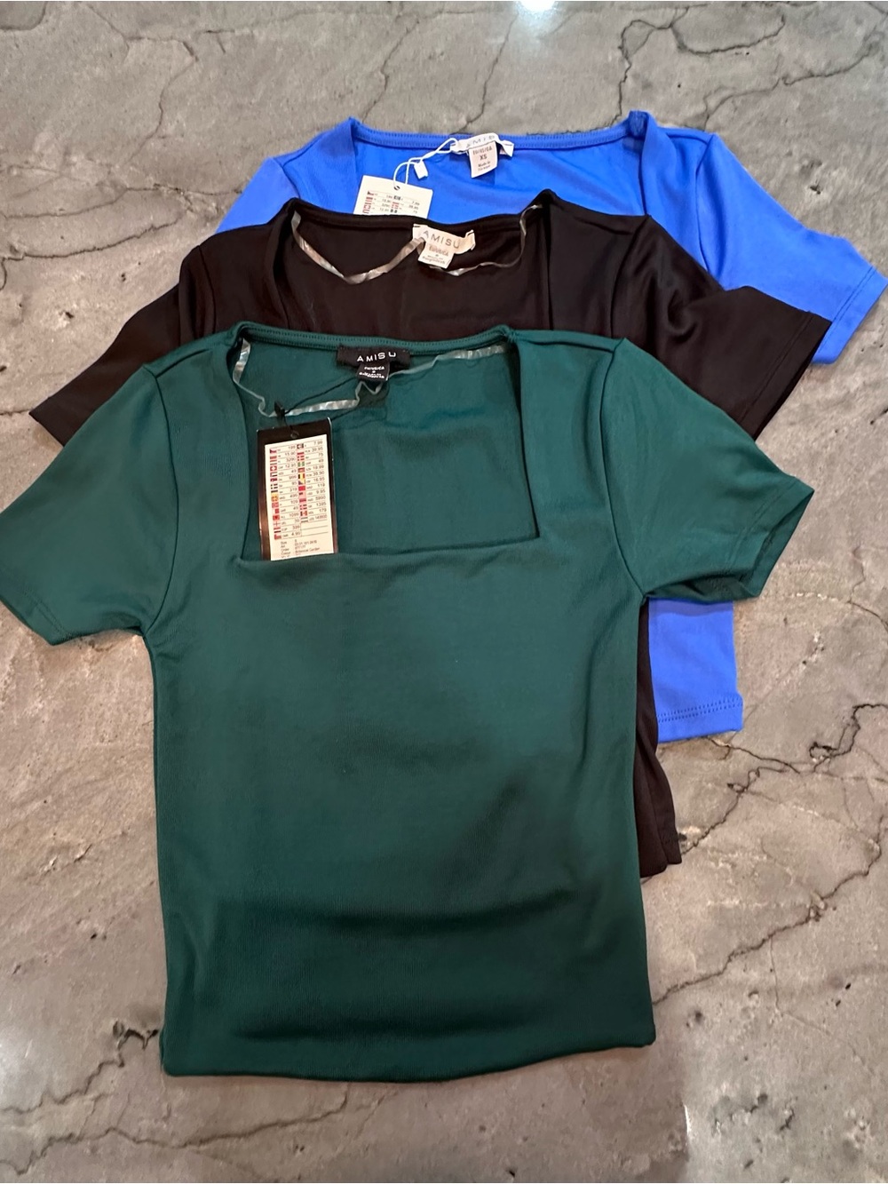 Amisu Women’s Short Sleeve Square Neck Tee- Forest Green, Black, Royal Blue XS/S